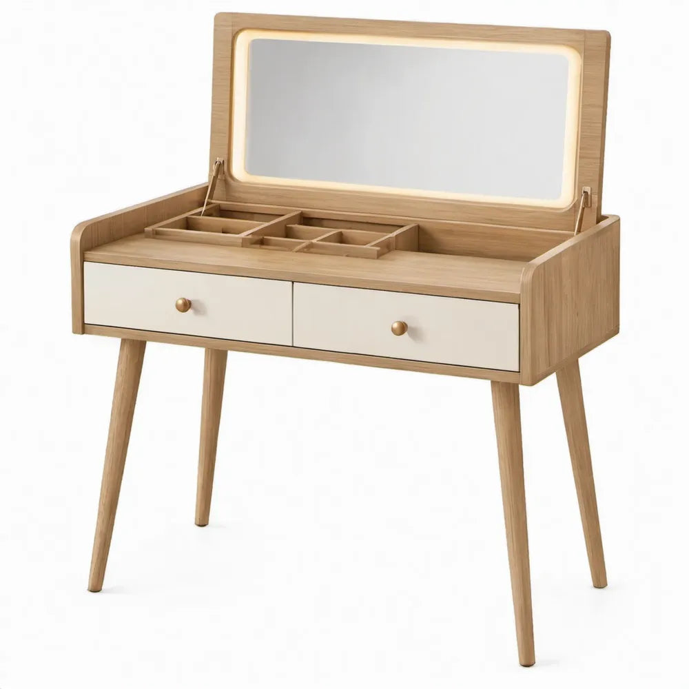 Kaptafel met LED-spiegel, 2 lades en opbergvakken 80 x 40 x 125 cm Naturel Eiken/Wit
