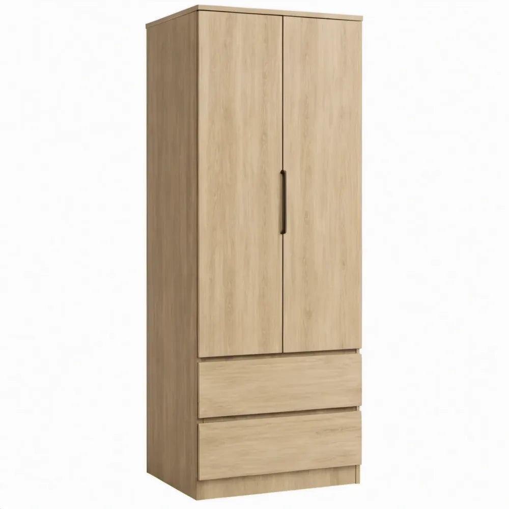 Kledingkast met 2 deuren en 2 laden, 80 x 52 x 180 cm, licht eiken met zwarte handgreep