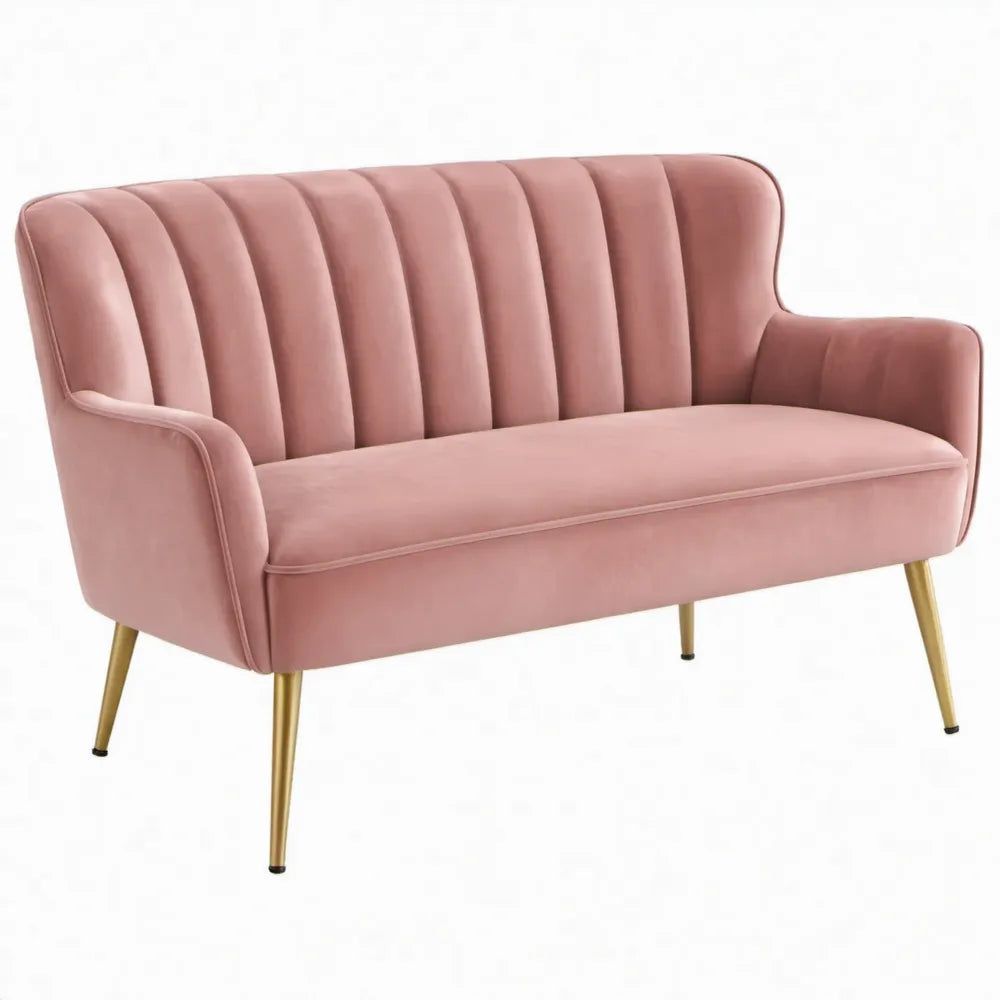 Roze fluwelen 2-zitsbank met goudkleurige stalen poten, 130 x 76 x 83 cm