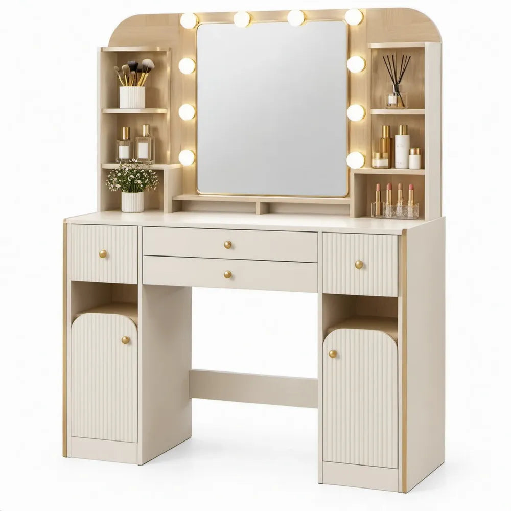 Kaptafel met spiegel, 10 LED-lampen en opbergruimte – 100 x 40 x 140 cm – crèmewit/goudkleurig