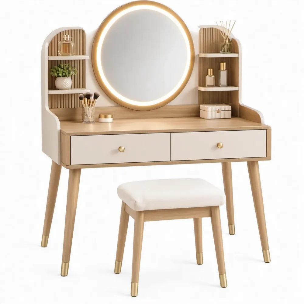 Kaptafelset met ronde LED-spiegel en kruk, 100 x 40 x 145 cm, beige/licht eiken/goudkleurig