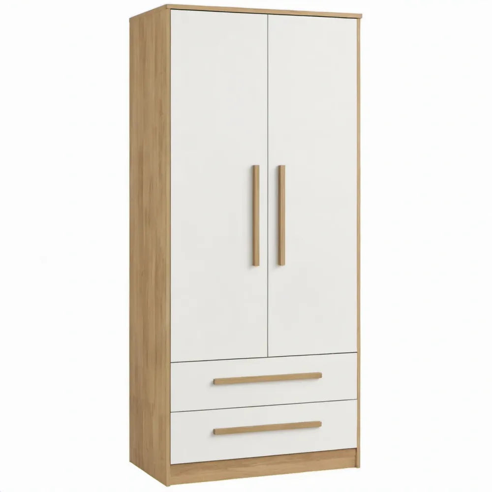 Kledingkast met 2 draaideuren en 2 lades, 80 x 52 x 180 cm, wit/eikenkleurig