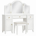 Witte MDF kaptafel met drievoudige inklapbare spiegel en kruk, 80 x 40 x 140 cm