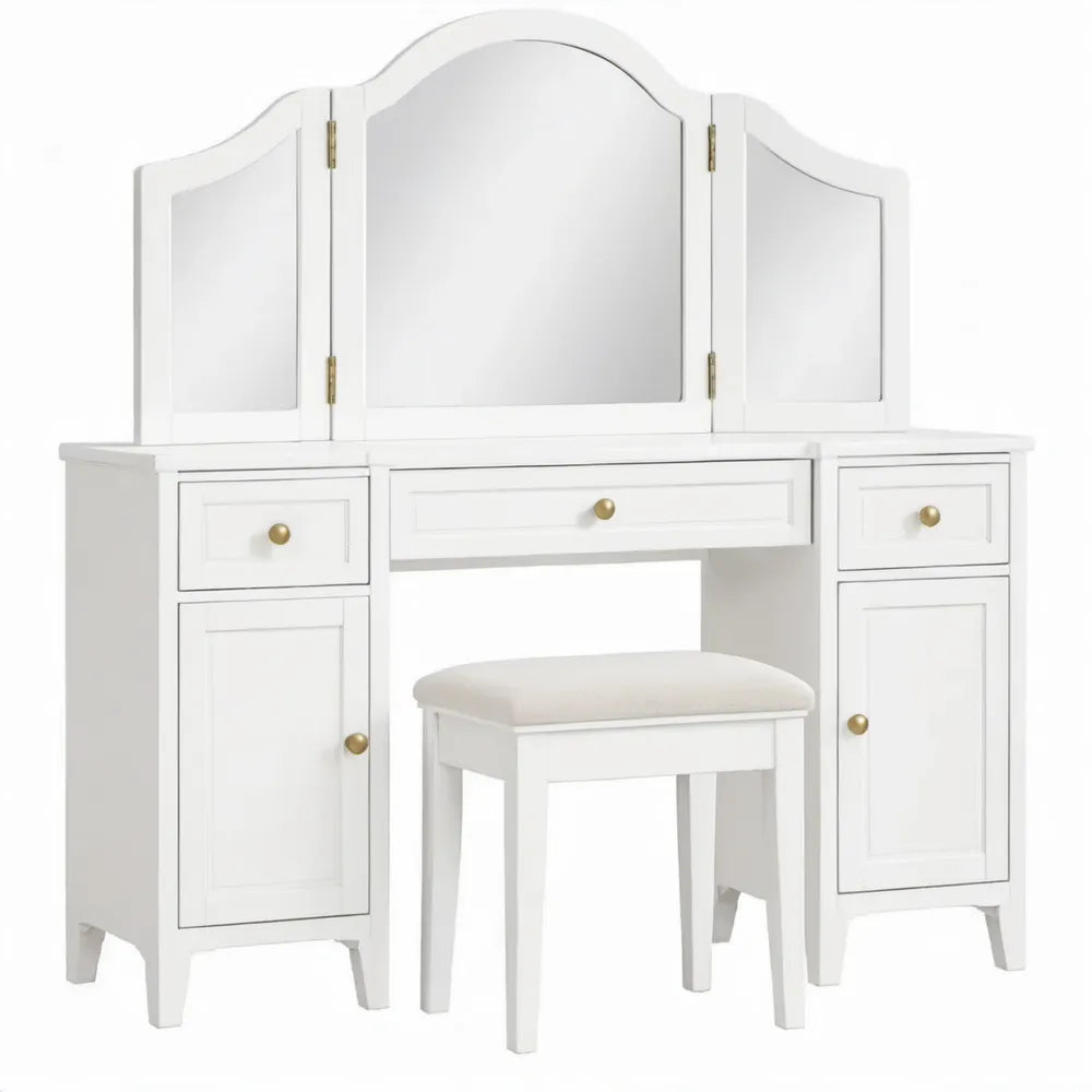 Witte MDF kaptafel met drievoudige inklapbare spiegel en kruk, 80 x 40 x 140 cm
