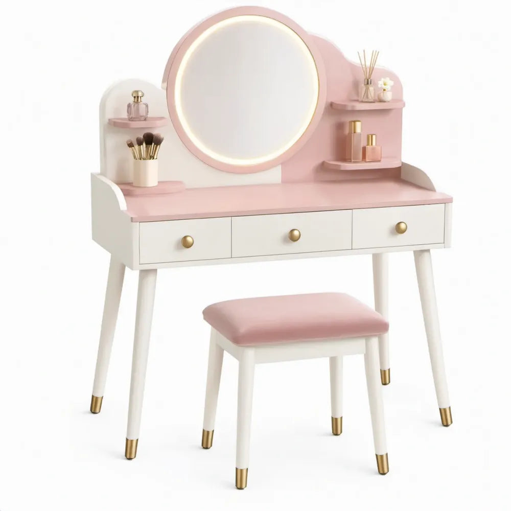 Roze-witte kaptafelset met ronde LED-spiegel, 3 lades en kruk, 80 x 40 x 140 cm