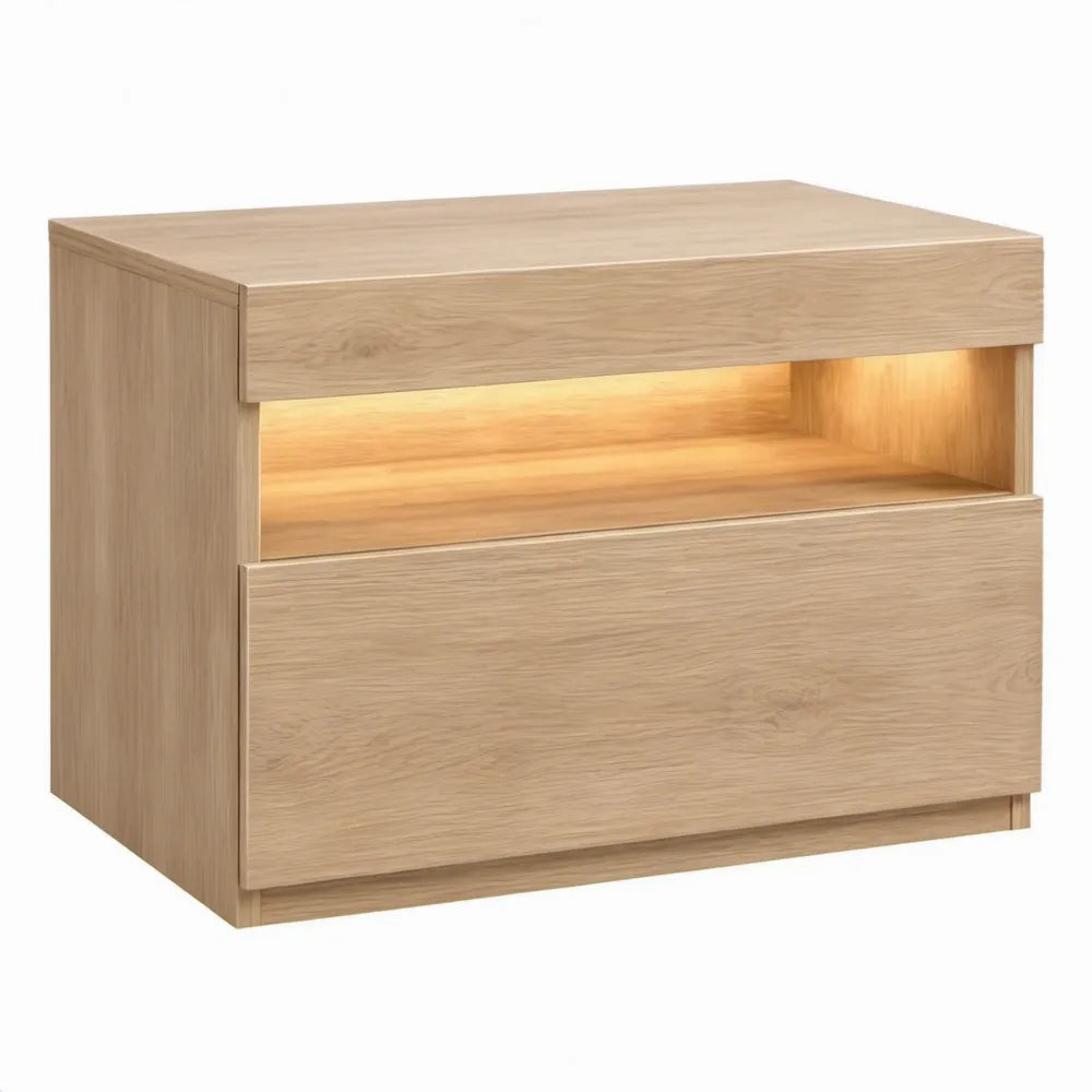 Nachtkastje met 2 laden, open vak en warmwitte ledverlichting – 60 x 40 x 50 cm – Naturel eiken