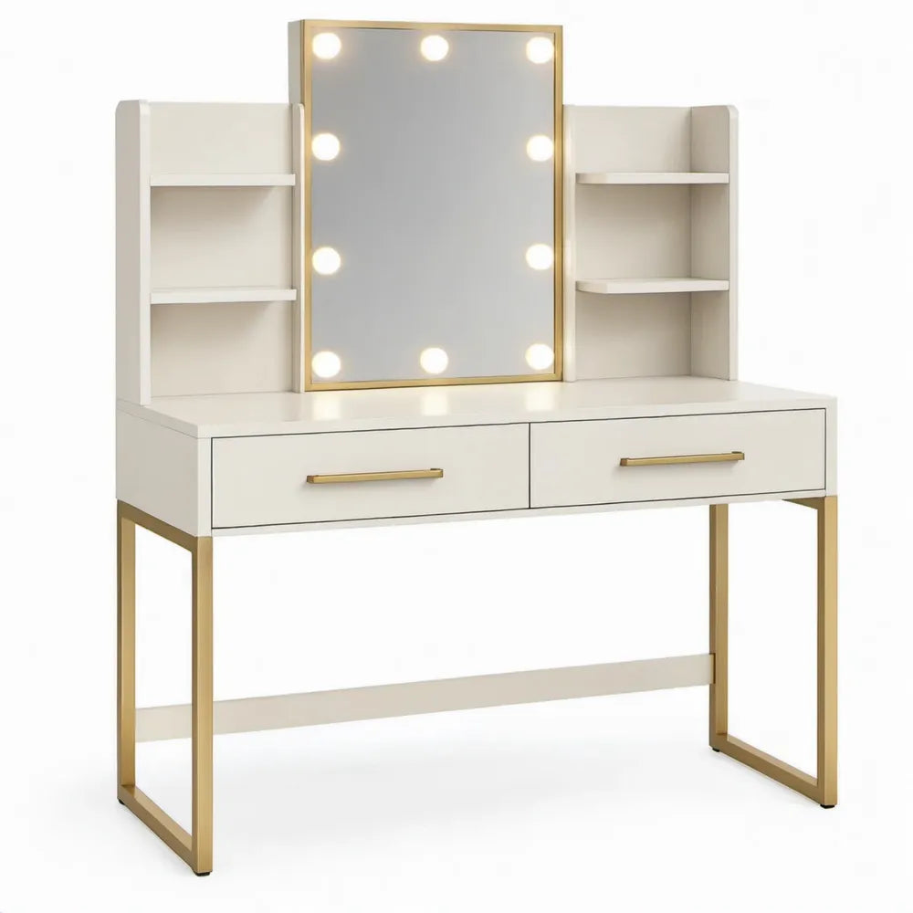 Witte kaptafel met goudkleurig metalen frame, LED-spiegel en opbergladen, 100 x 40 x 140 cm