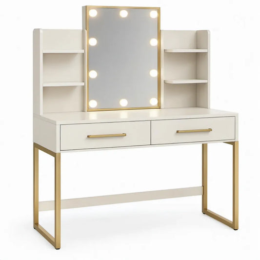 Witte kaptafel met goudkleurig metalen frame, LED-spiegel en opbergladen, 100 x 40 x 140 cm