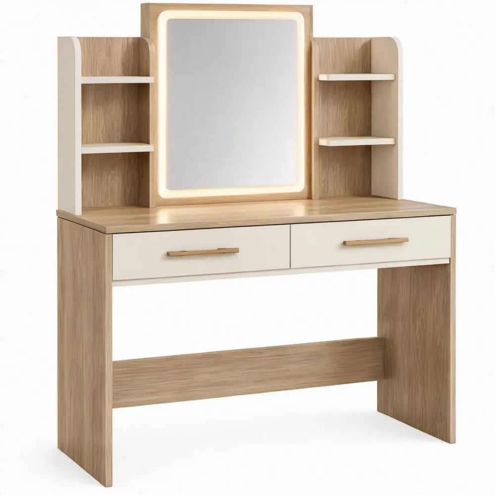 Kaptafel met ledspiegel, 2 laden en 4 open vakken – 120 x 45 x 140 cm – Eikenkleurig/Wit/Goudkleurig