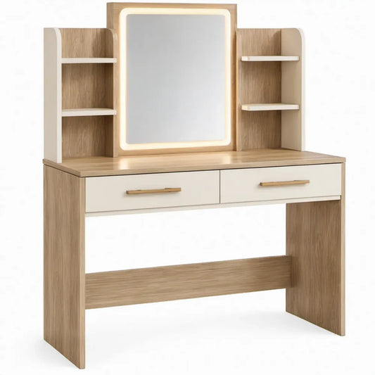 Kaptafel met ledspiegel, 2 laden en 4 open vakken – 120 x 45 x 140 cm – Eikenkleurig/Wit/Goudkleurig