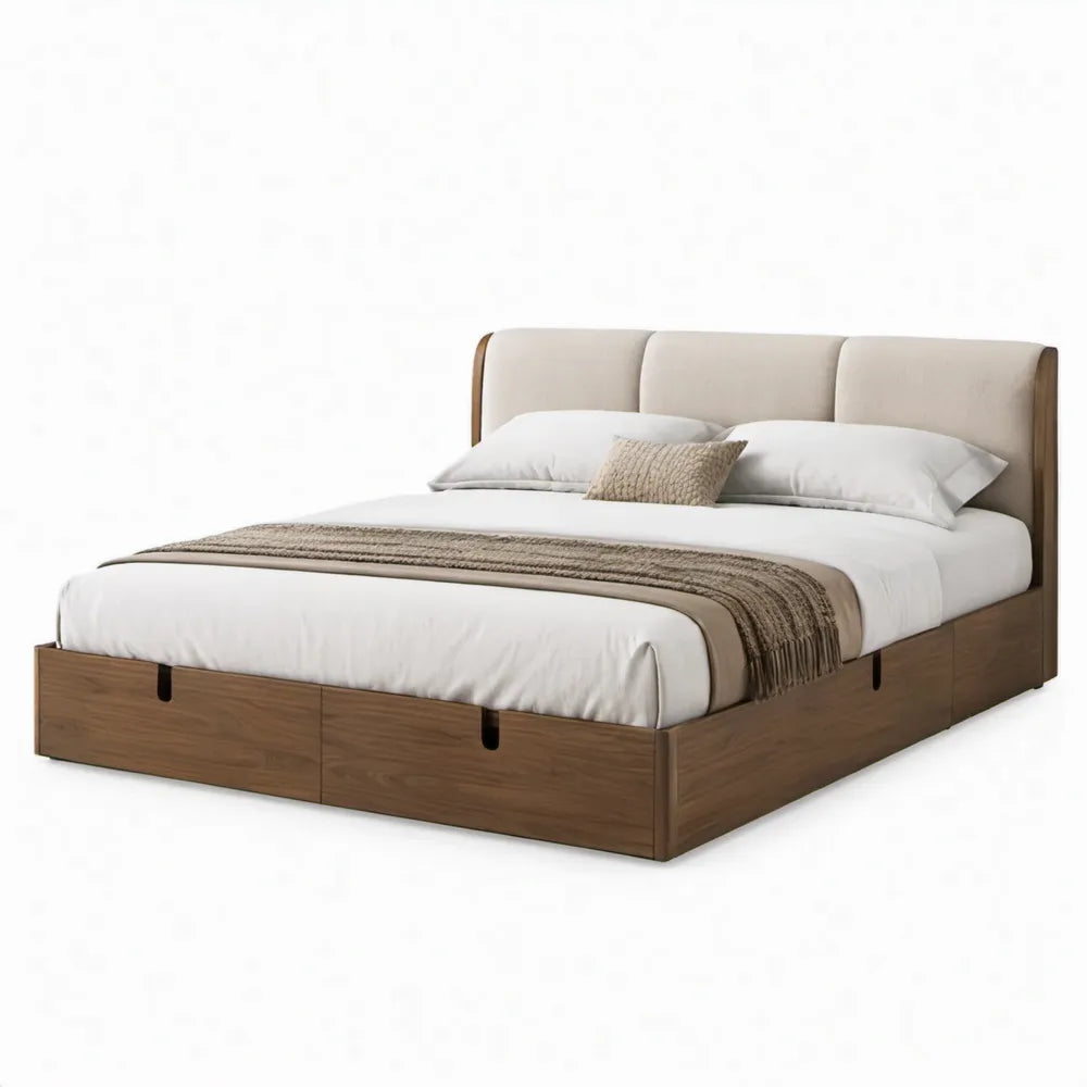 Tweepersoonsbed 160 x 200 cm met 4 opberglades, walnootbruin en beige
