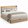 Tweepersoonsbed 160 x 200 cm met 3 opberglades en LED-hoofdbord, beige/naturel eiken
