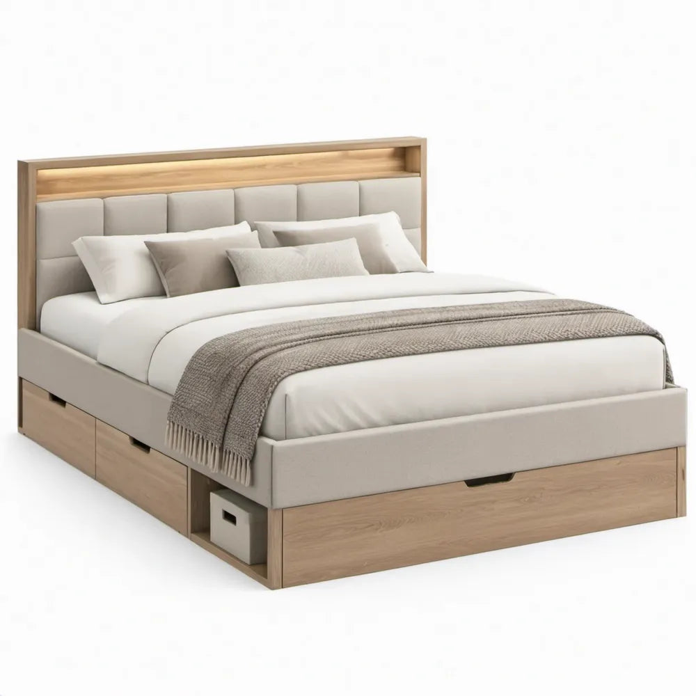 Tweepersoonsbed 160 x 200 cm met 3 opberglades en LED-hoofdbord, beige/naturel eiken