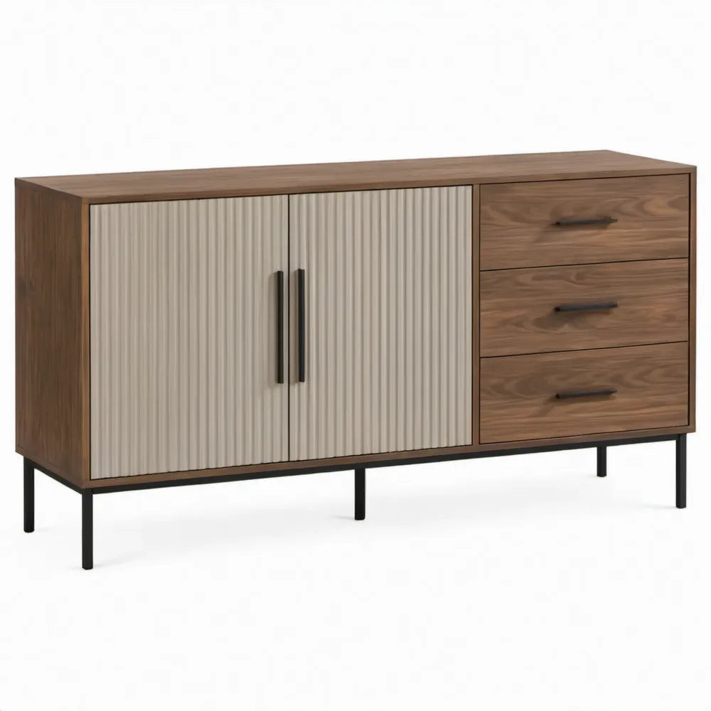 Dressoirkast met 2 deuren en 3 laden, 160 x 40 x 90 cm, walnootbruin/crème/zwart