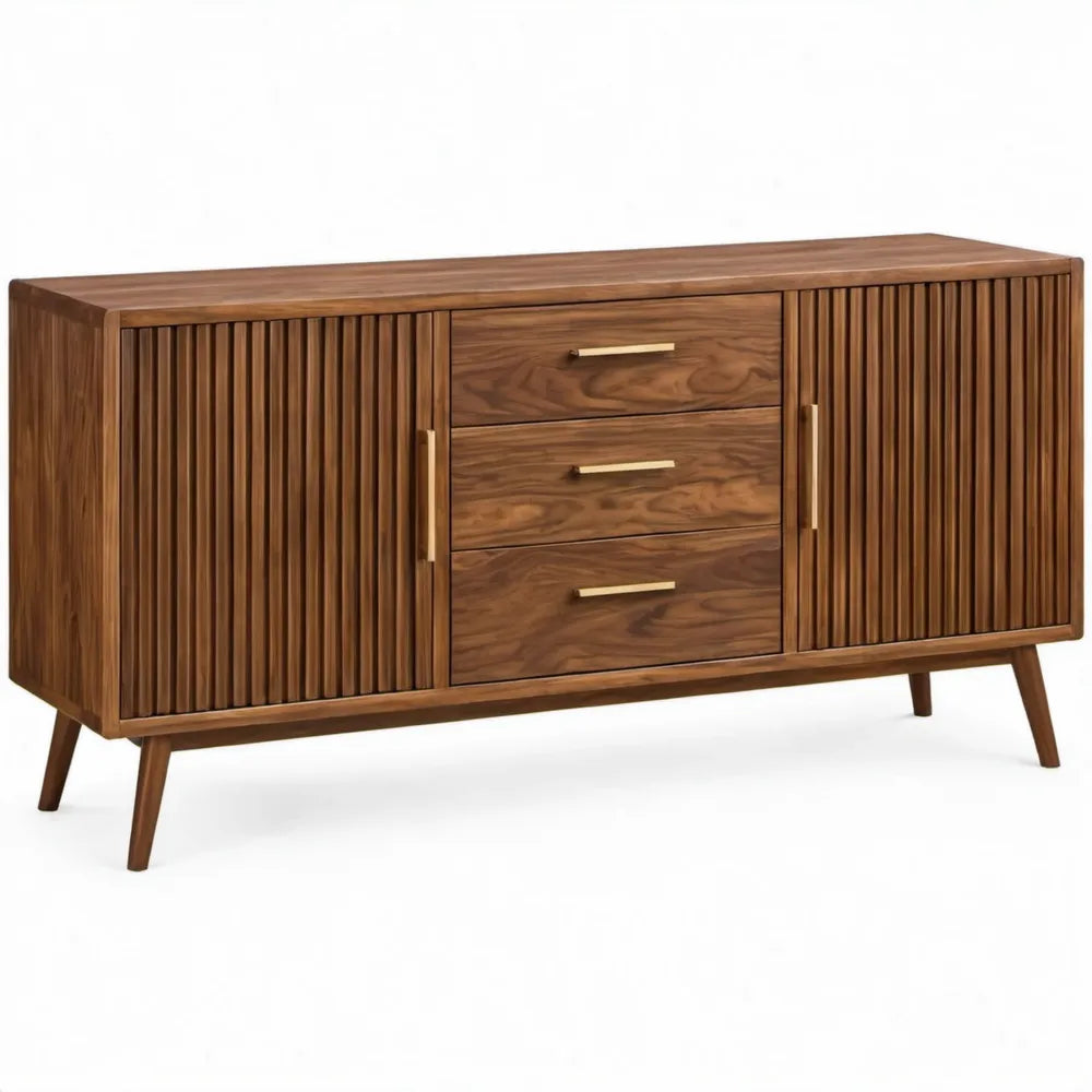 Dressoir van massief walnoothout met 2 deuren en 3 lades, 160 x 45 x 85 cm, walnootbruin/goudkleurig