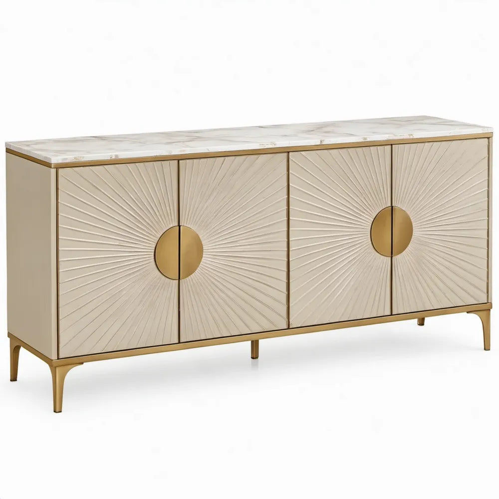 Dressoir met 4 deuren, 160 x 40 x 80 cm, crème, wit en goudkleurig, MDF met marmerlook blad