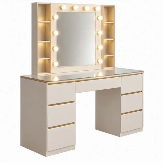 Witte kaptafel met spiegel, 12 LED-lampen en goudkleurige accenten, 120 x 50 x 150 cm
