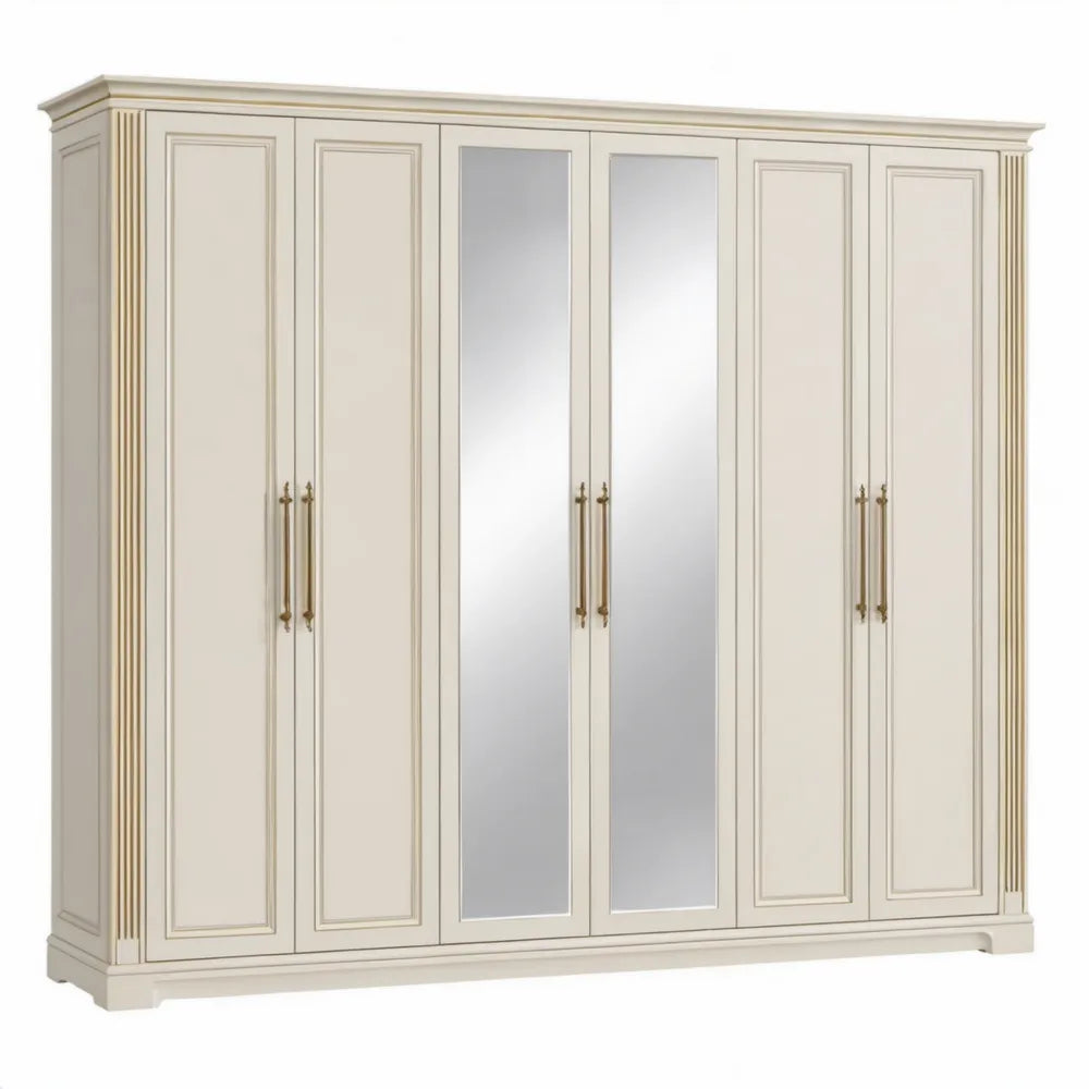 Kledingkast met 6 deuren en 2 spiegels, crème MDF, 300 x 60 x 220 cm