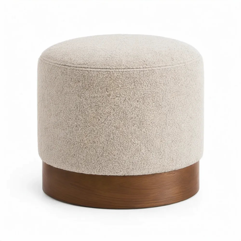 Ronde poef Ø 45 x 45 cm met bouclé bekleding en walnootbruin MDF-onderstel - Crème/Walnootbruin