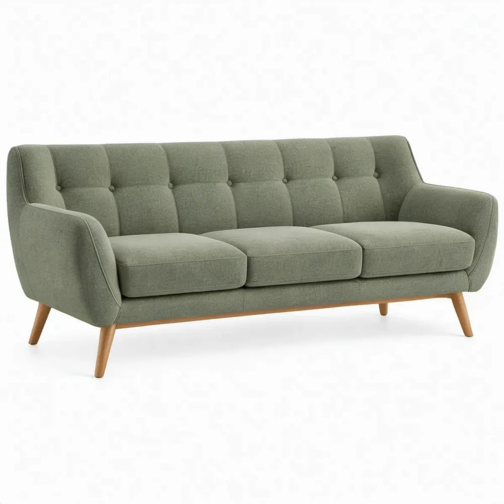 Groene 3-zitsbank met polyester bekleding en houten poten, 200 x 83 x 86 cm