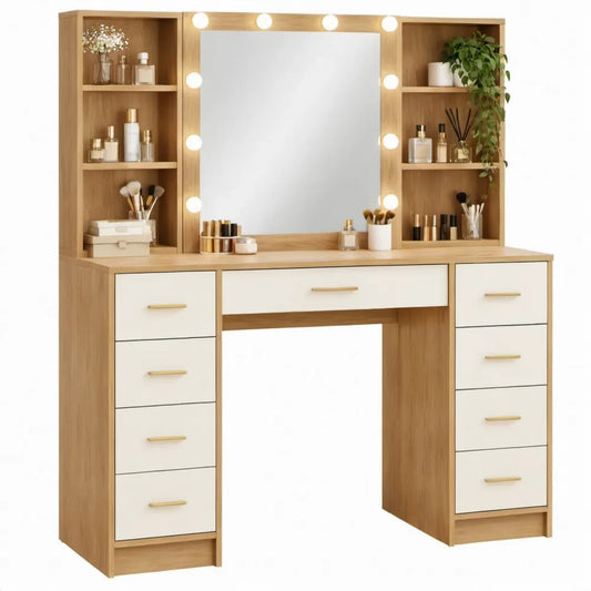 Kaptafel met spiegel en LED-verlichting, 120 x 50 x 150 cm, naturel/wit