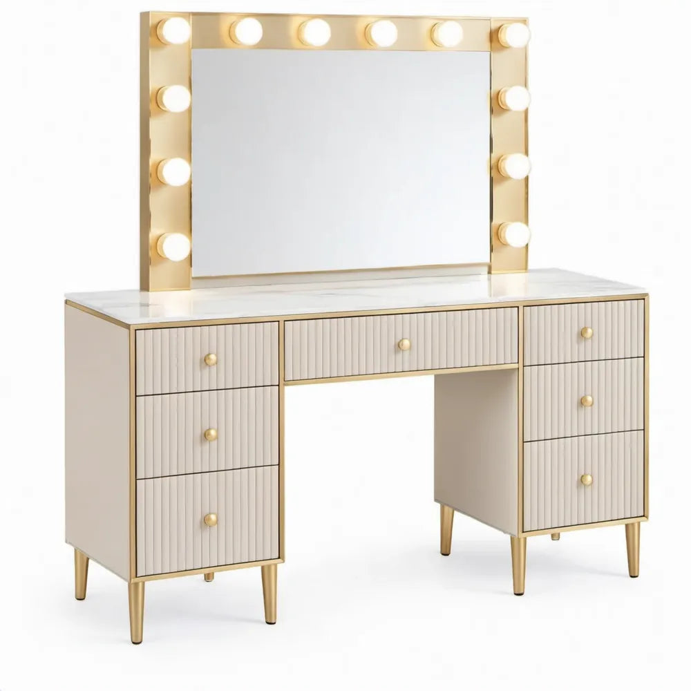Witte en goudkleurige kaptafel met spiegel en 12 lampen, 120 x 45 x 140 cm