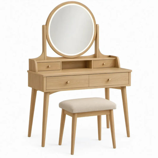 Kaptafelset met ronde spiegel en kruk, 80 x 40 x 140 cm, naturel/beige
