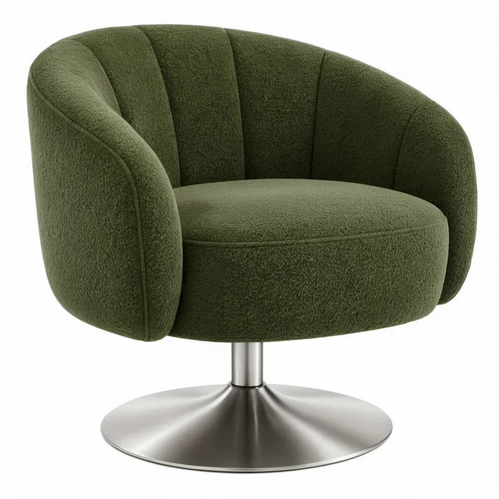 Draaibare fauteuil 75 x 76 x 78 cm olijfgroen bouclé met roestvrijstalen voet
