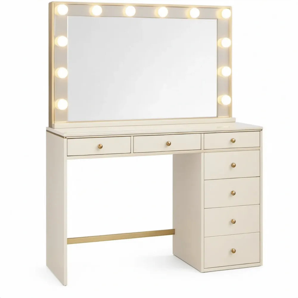 Kaptafel met spiegel en warmwitte LED-verlichting, 120 x 45 x 140 cm, crème met goudkleurige details