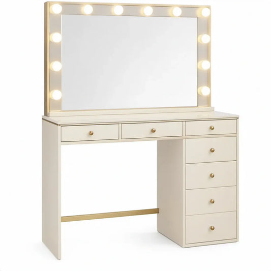 Kaptafel met spiegel en warmwitte LED-verlichting, 120 x 45 x 140 cm, crème met goudkleurige details