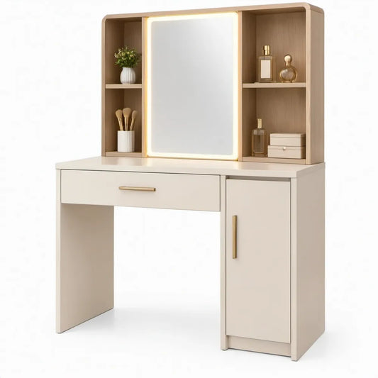 Kaptafel met LED-spiegel, lade en opbergruimte in crème en licht eiken, 100 x 40 x 150 cm