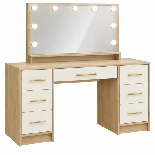 Kaptafel met spiegel, 11 LED-lampen en 7 lades, 120 x 40 x 140 cm, naturel eiken/wit/goud