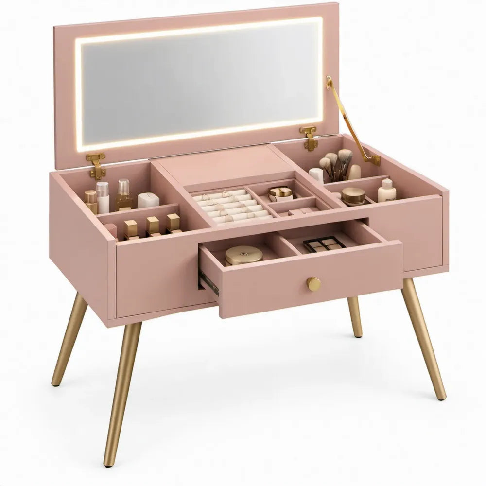 Roze kaptafel met LED-spiegel, opbergladen en goudkleurige poten – 80 x 40 x 76 cm