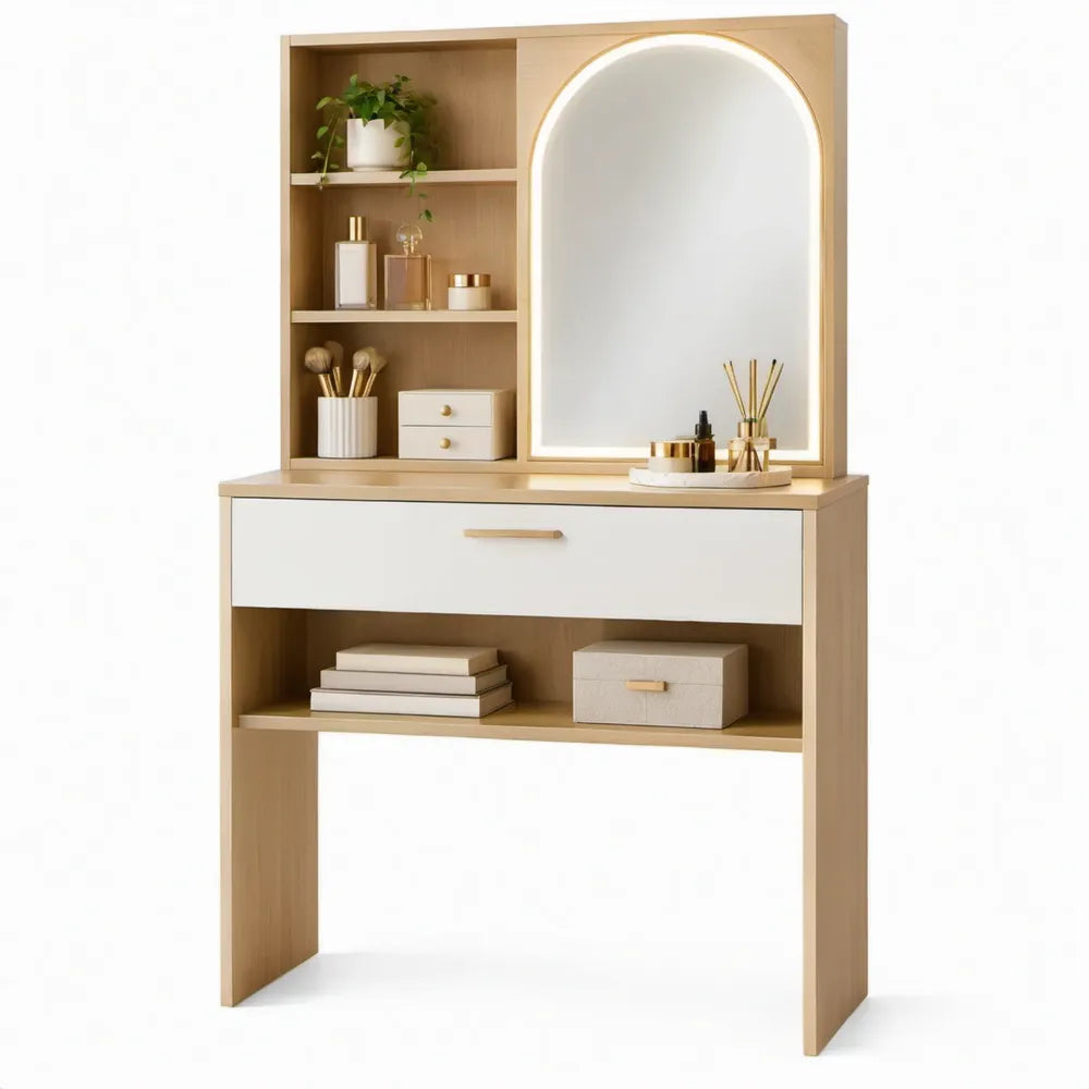 Kaptafel met LED-spiegel en opbergruimte, 80 x 40 x 140 cm, licht eiken/wit/goudkleurig