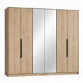 Kledingkast met 6 draaideuren en 2 spiegeldeuren, eikenkleurig, 270 x 60 x 210 cm