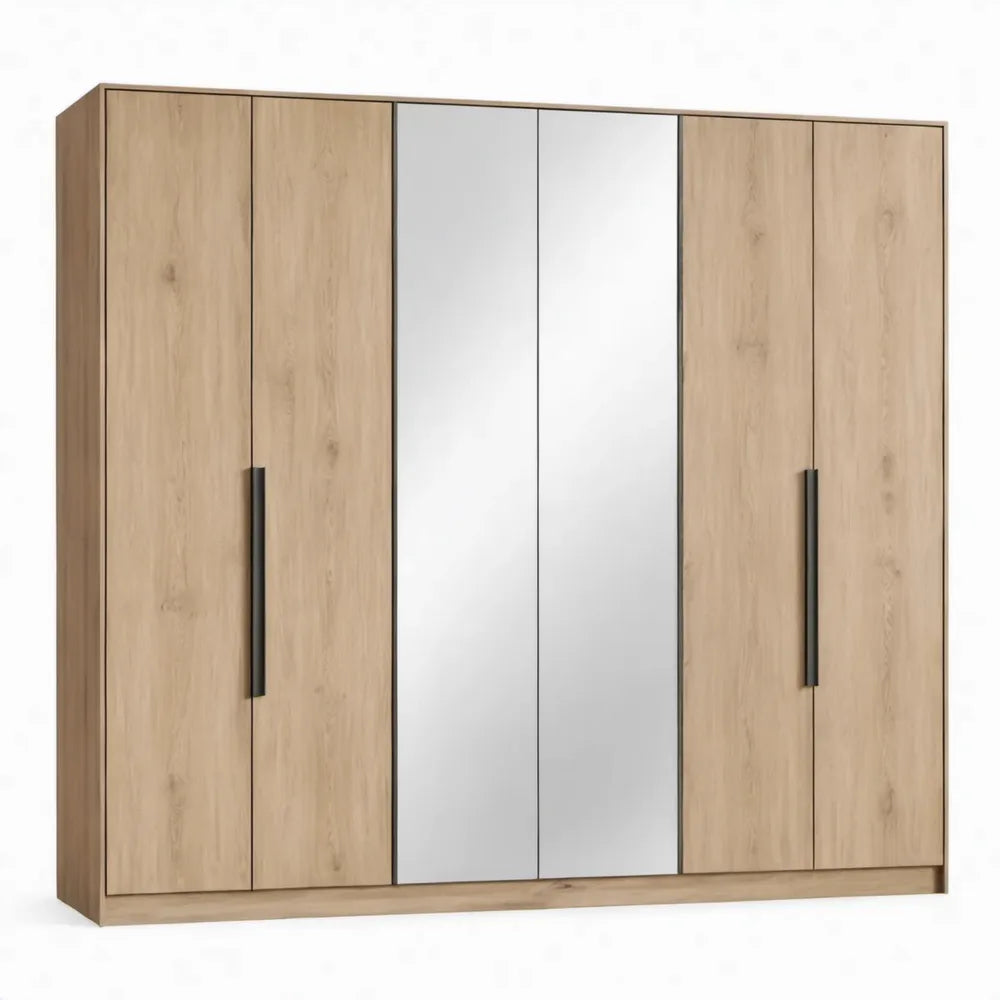 Kledingkast met 6 draaideuren en 2 spiegeldeuren, eikenkleurig, 270 x 60 x 210 cm