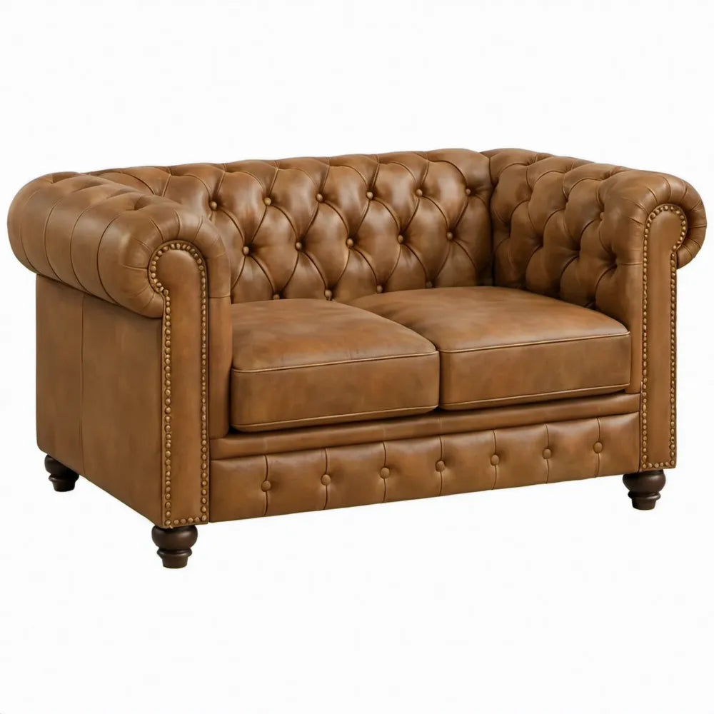 Chesterfield 2-zitsbank van cognacbruin PU-kunstleer, 177 x 90 x 79 cm