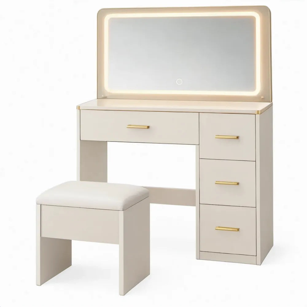 Witte kaptafel met LED-spiegel, 4 lades en kruk, 80 x 40 x 135 cm, wit/goud
